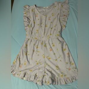 Lavender Knitworks Floral Dress/romper with Soft Yellow and Pink Hues